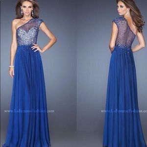 La Femme Royal Blue One Shoulder Gown Size 4
